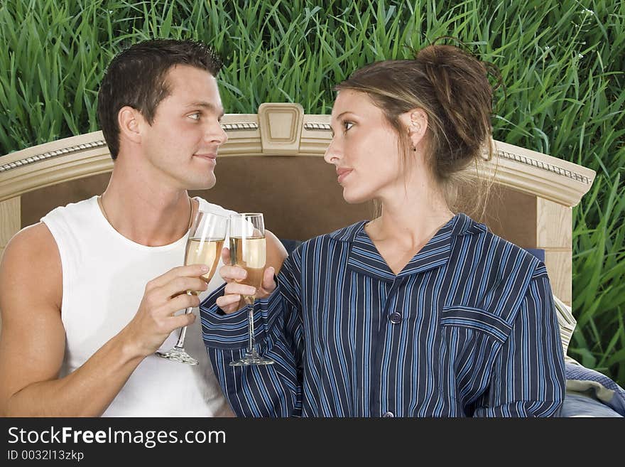 Newly weds toasting on the conjugal bed. Newly weds toasting on the conjugal bed.