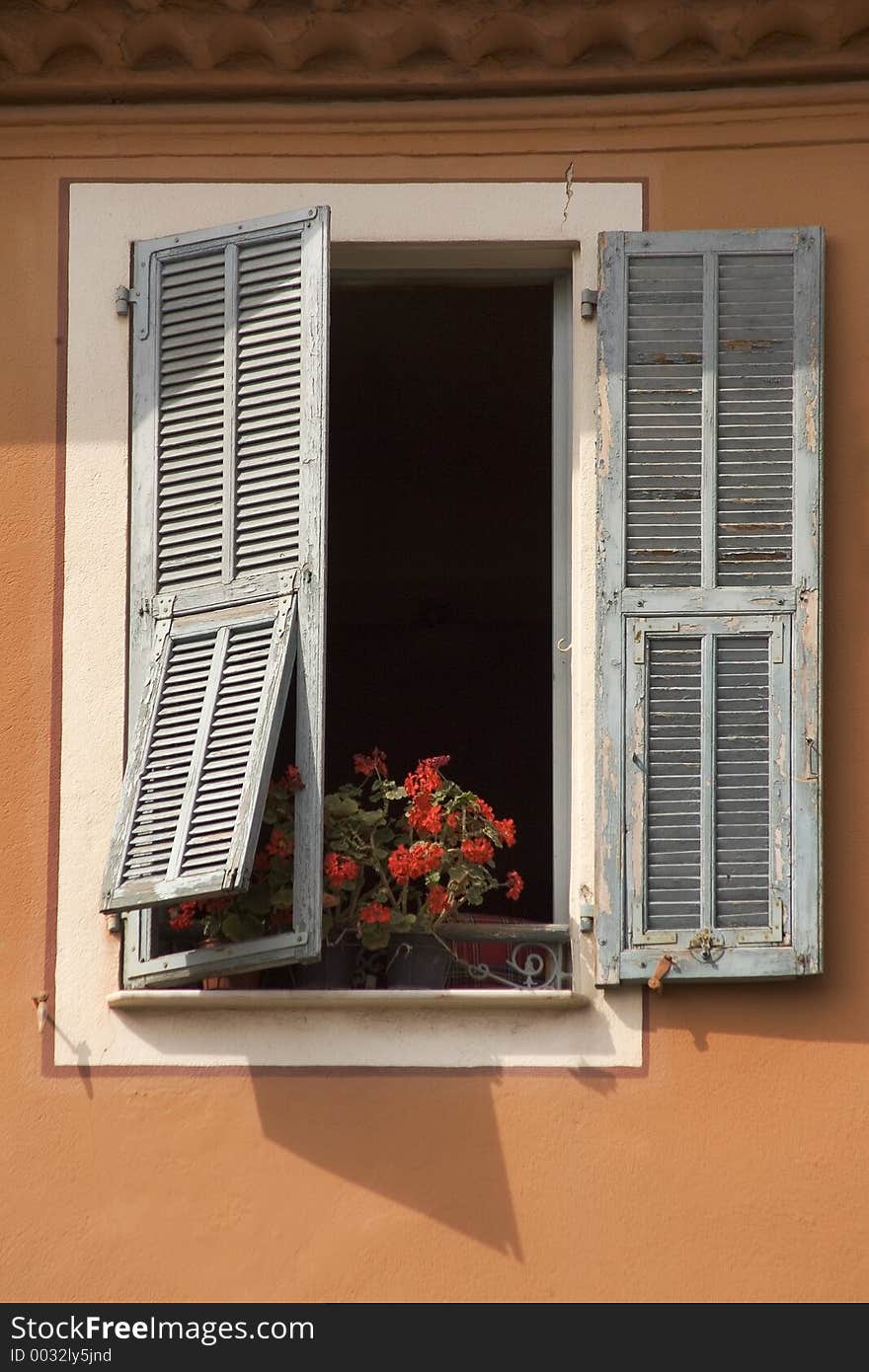 An open shuttered window revealing planted spring flowers on the sill. An open shuttered window revealing planted spring flowers on the sill