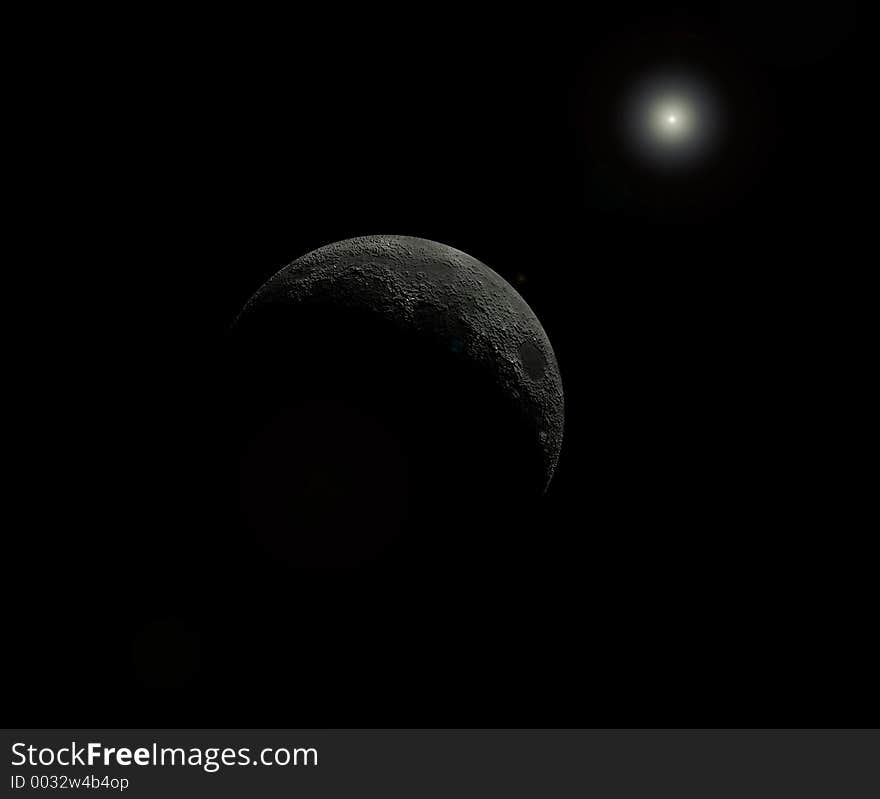 Partial moon and glowing sun against a solod black background. Partial moon and glowing sun against a solod black background.