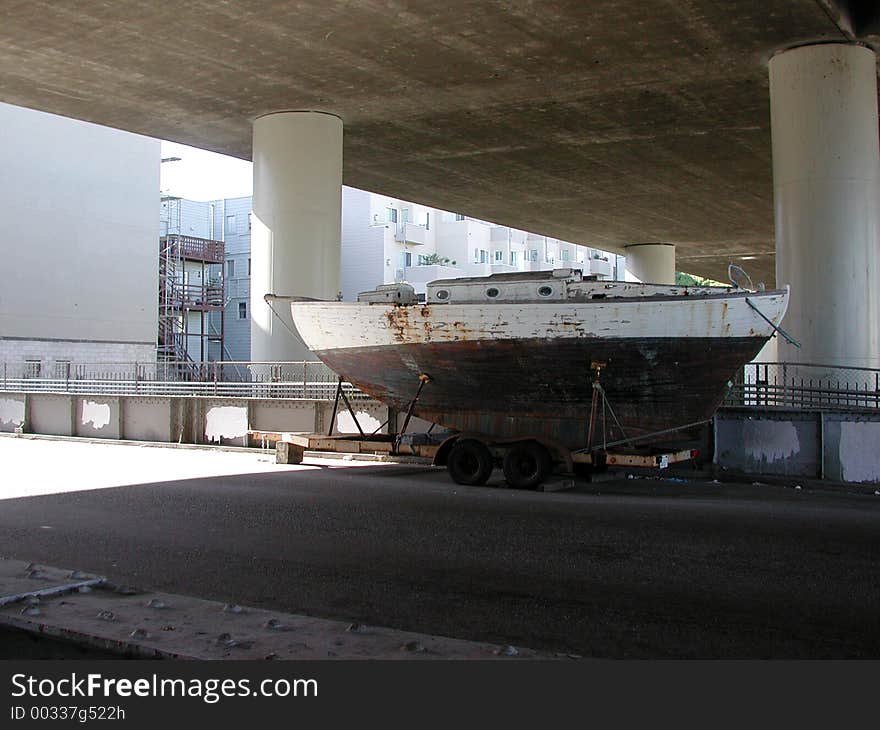 Boat under freeway