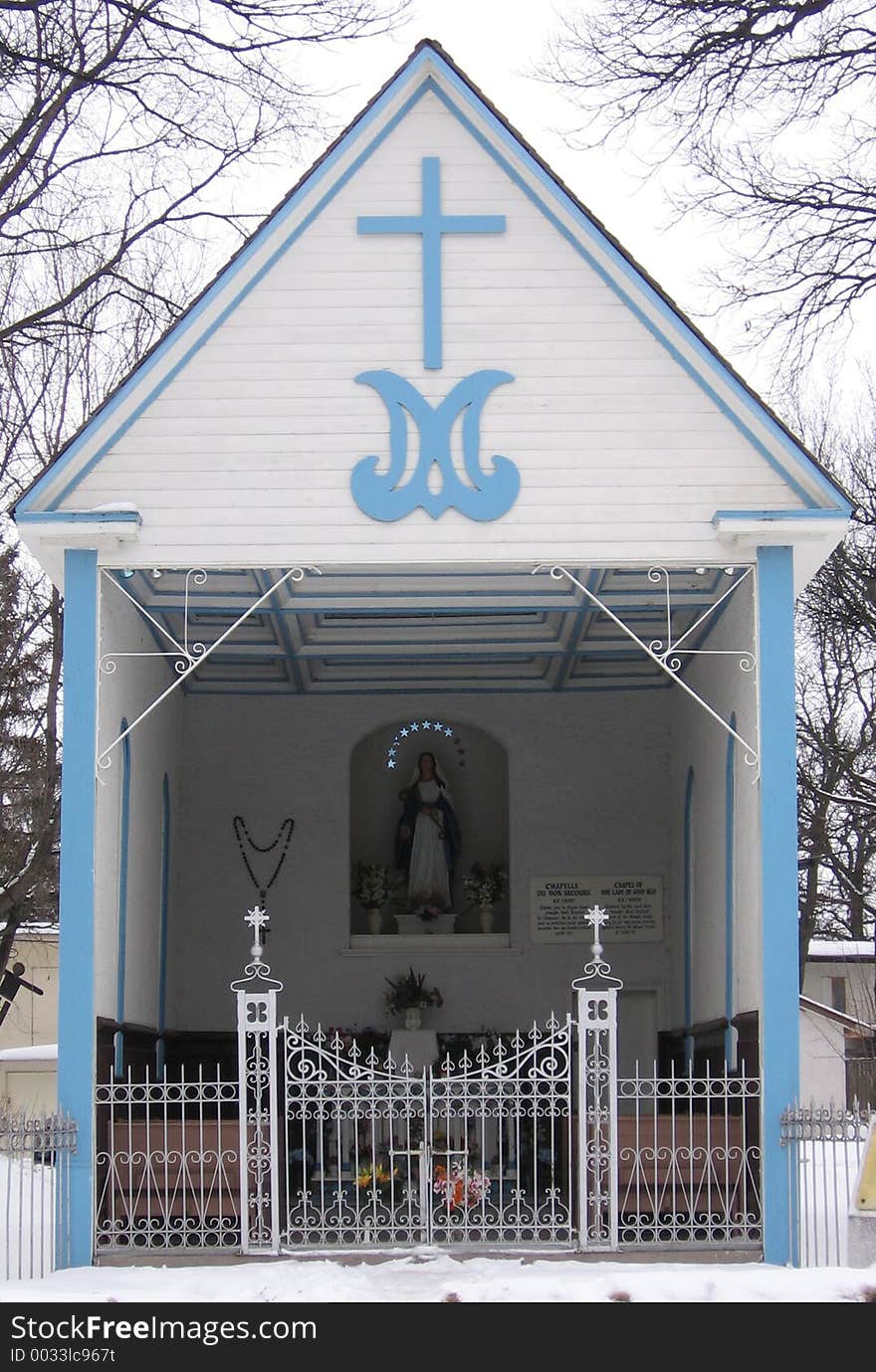 This image depicts a small, open-air church in St. Norbert, Canada. This image depicts a small, open-air church in St. Norbert, Canada.