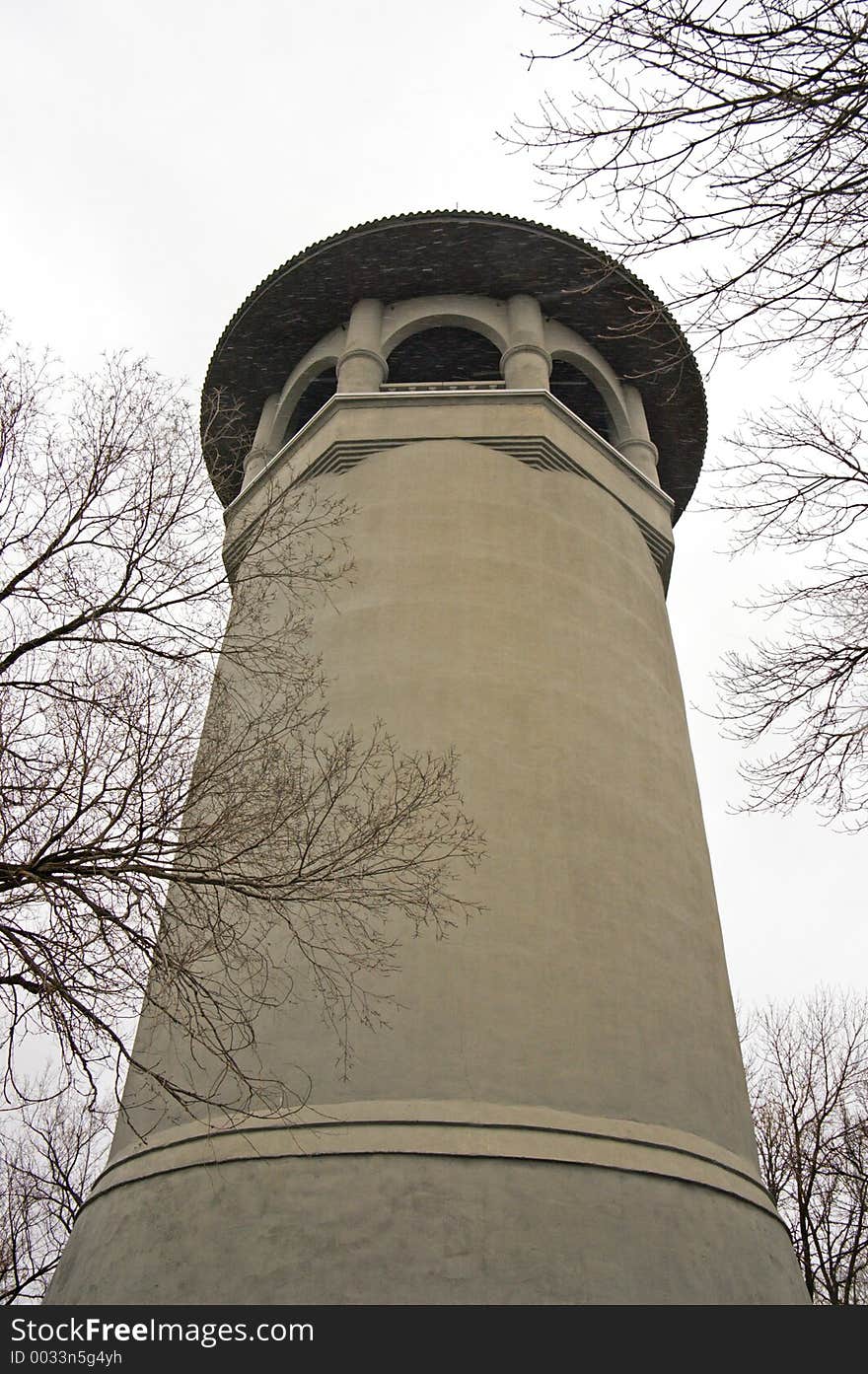 Witch's hat water town (St. Paul, MN) from base with flying snow flurries. Witch's hat water town (St. Paul, MN) from base with flying snow flurries