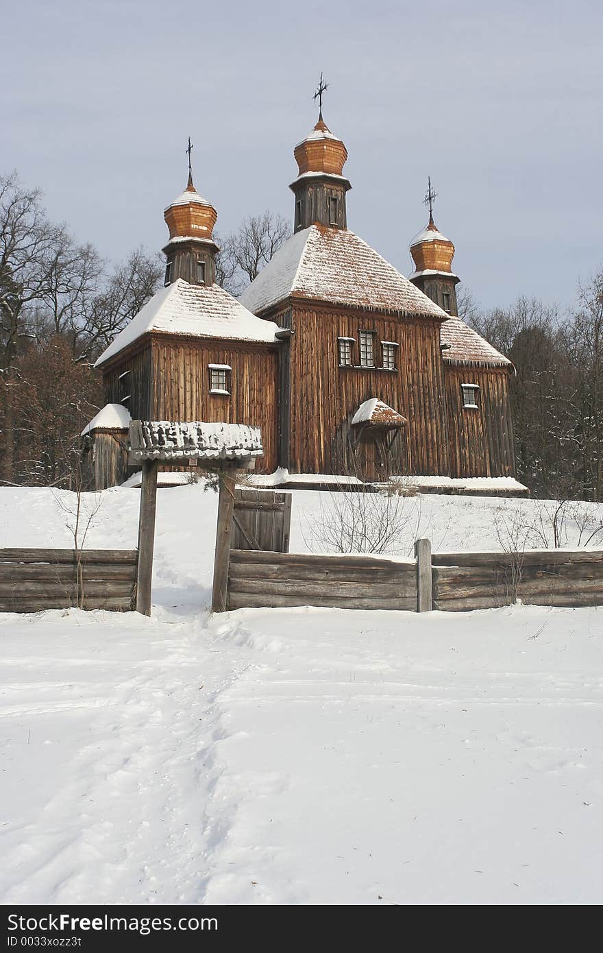 Winter church in snow