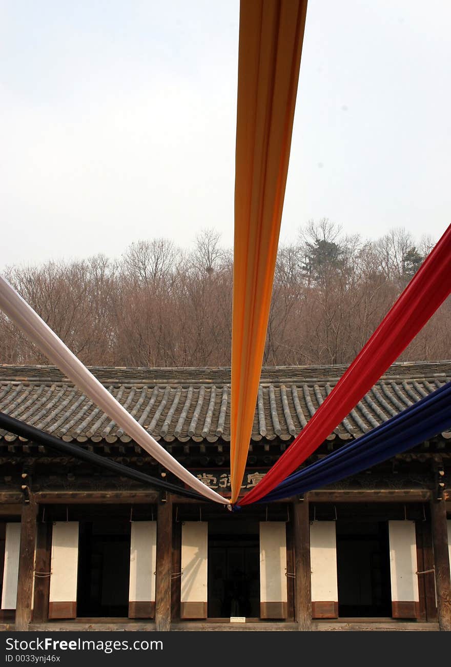 Korean temple adorned with ribbons for Chinese New Year