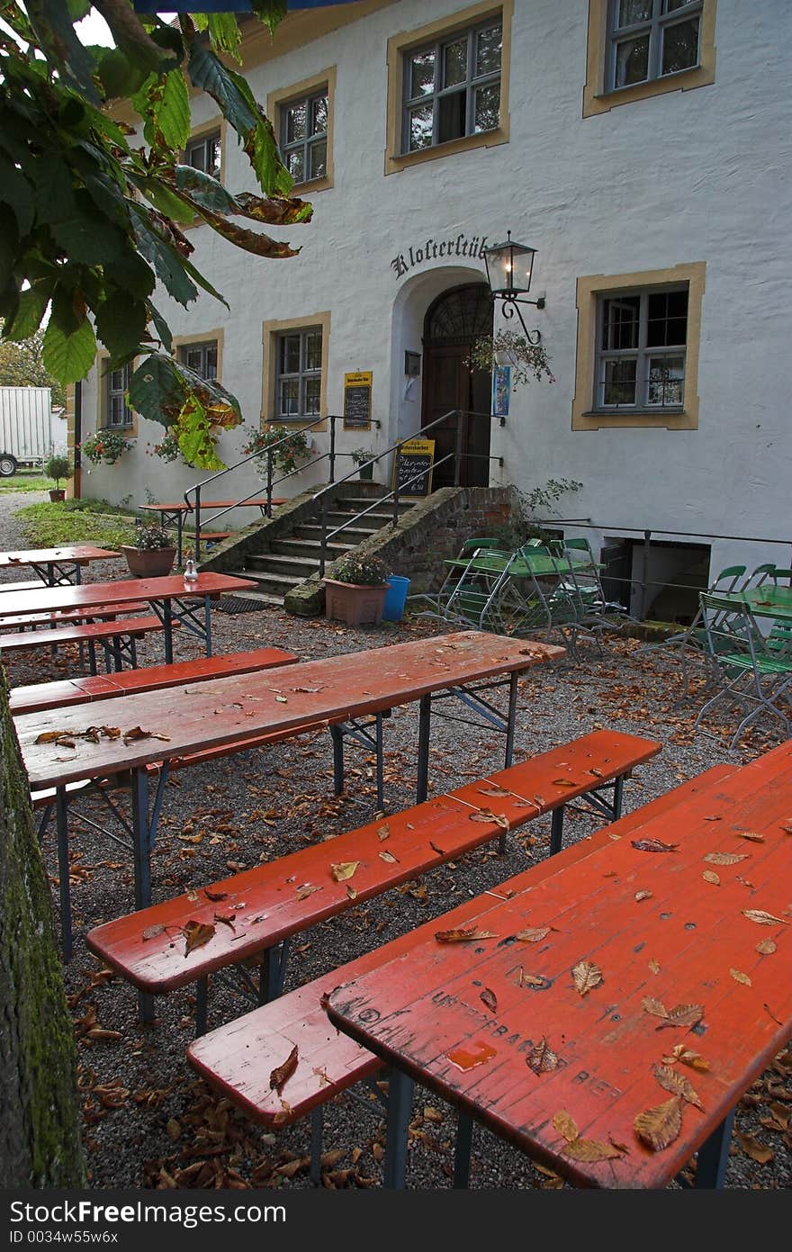 German Biergarten (beergarden) in autumn, when leaves came down. German Biergarten (beergarden) in autumn, when leaves came down.