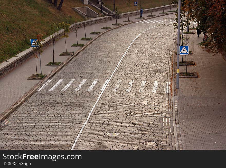 Road, pedestrian crossing, stone blocks, street, sign