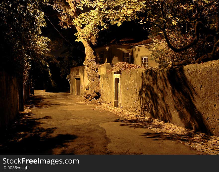 Portugal - Sintra / Nocturnal desert road near houses at the countryside. Portugal - Sintra / Nocturnal desert road near houses at the countryside