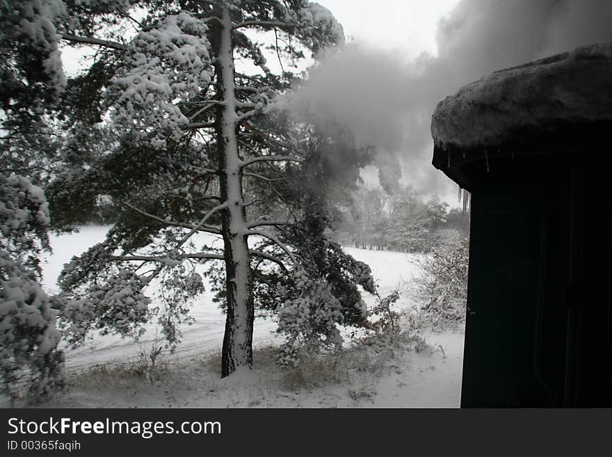 Steam engine wagon in snow