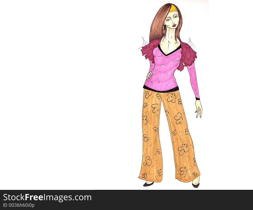 A hand drawn image of model dressed in wide leg flowered pants and sparkling, burgundy bolero. Author: HOlly Doucette, 2006. A hand drawn image of model dressed in wide leg flowered pants and sparkling, burgundy bolero. Author: HOlly Doucette, 2006.