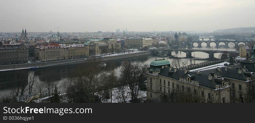 Prague panorama on a misty day.