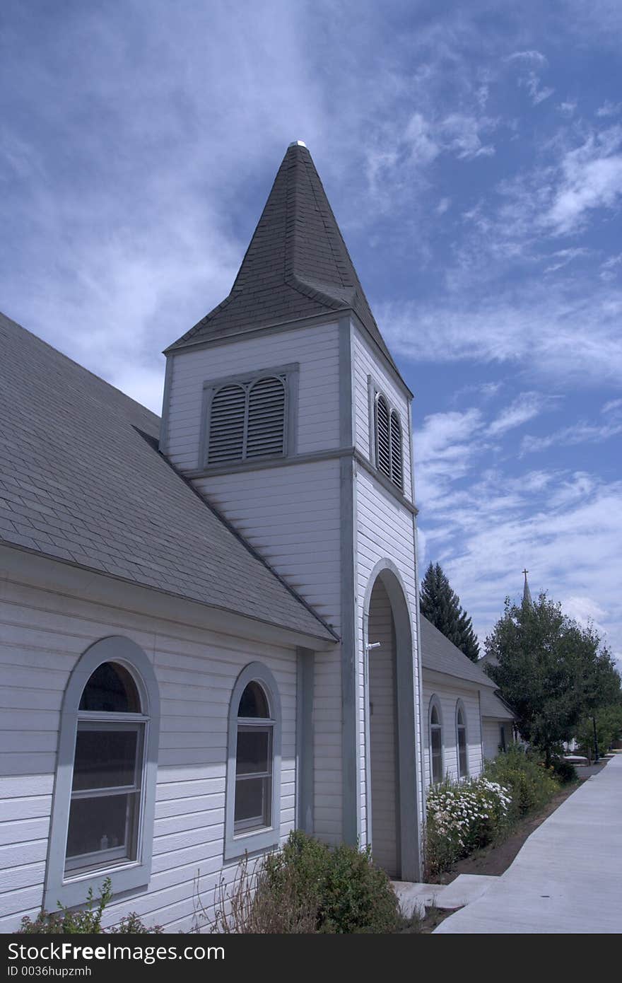 Church with windows and sidewalk. Church with windows and sidewalk