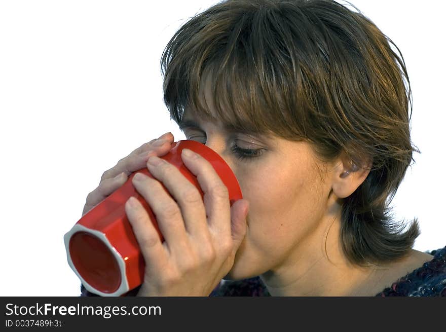 Girl having a drink, on a white background. Girl having a drink, on a white background.