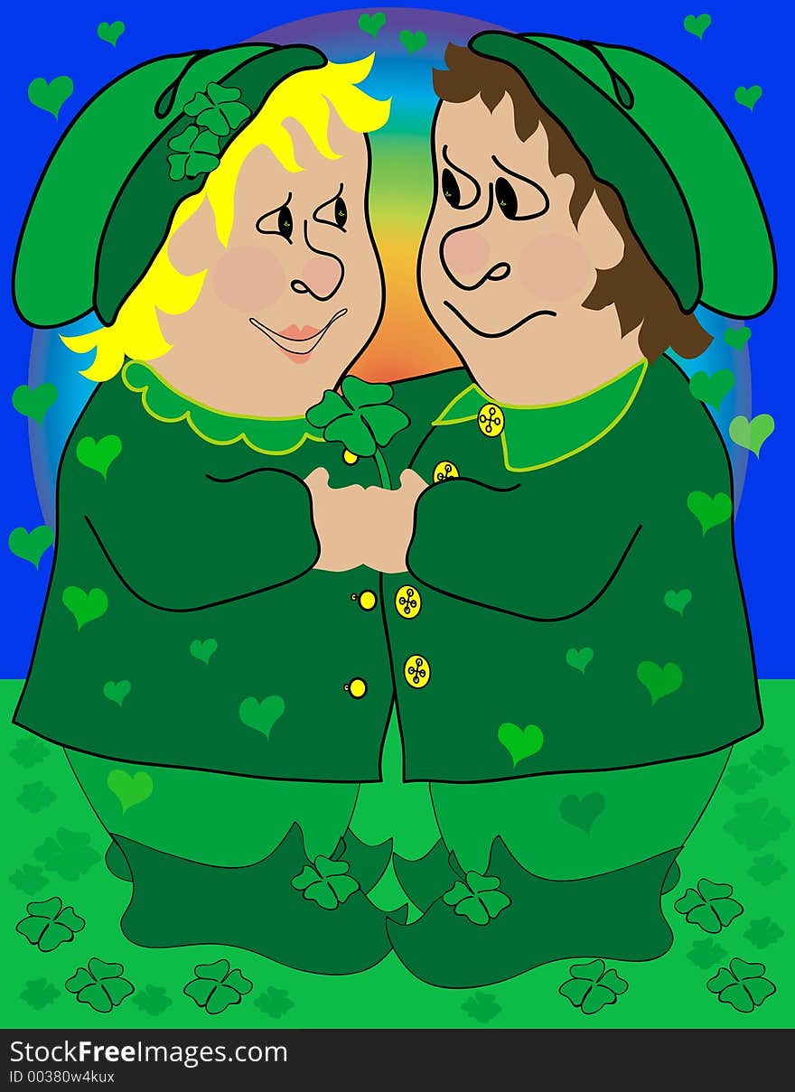 Two leprechaun's, one handing the other a four leaf clover, looking lovingly at each other. Two leprechaun's, one handing the other a four leaf clover, looking lovingly at each other.