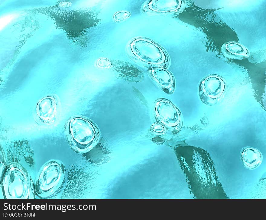 Water bubbles in light blue liquid. CG illustration.