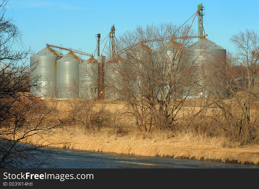 Grain bins by the Big Blue