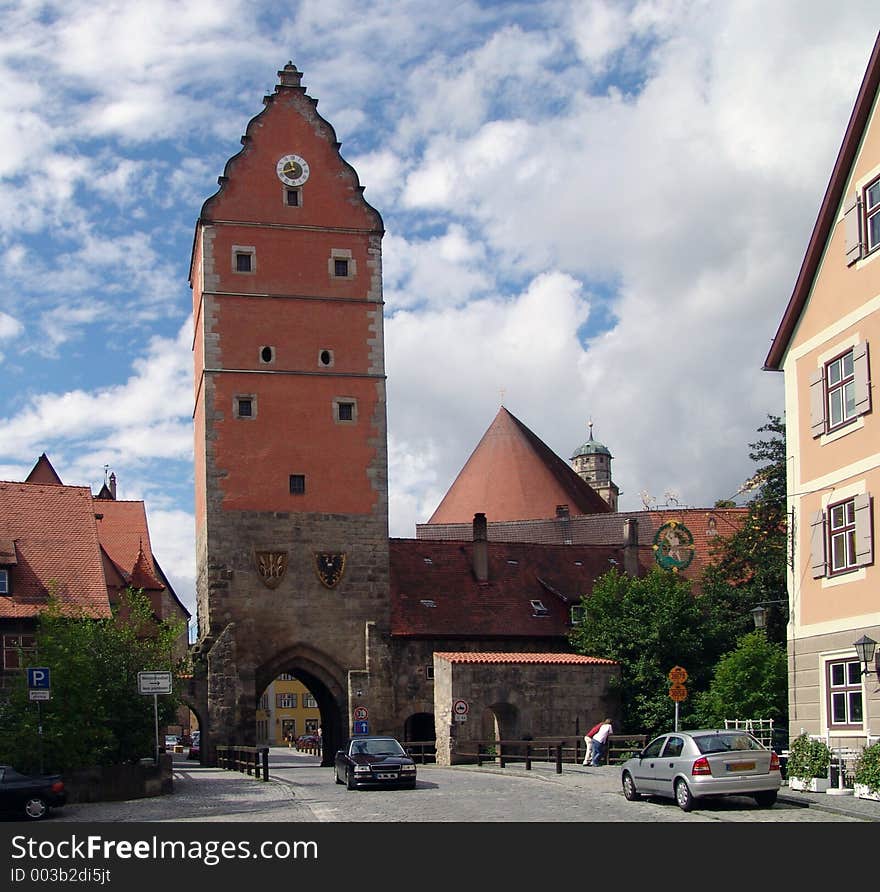 A medieval gate tower at the old town of Dinkelsbuehl in Germany. A medieval gate tower at the old town of Dinkelsbuehl in Germany