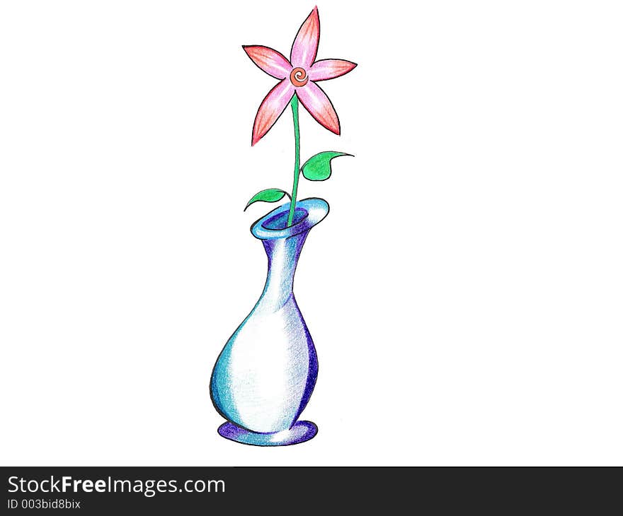 A hand drawn artistic representation of a pink flower in a blue, glass vase. Author: Holly Doucette, 2006. A hand drawn artistic representation of a pink flower in a blue, glass vase. Author: Holly Doucette, 2006.