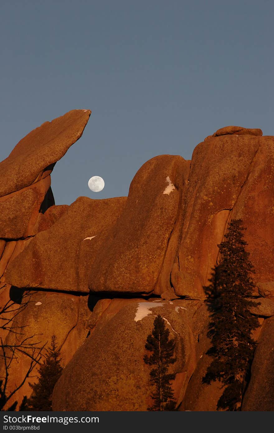 Sunset and moonrise, Vedauwoo rock climbing area, Medicine Bow National Forest, Wyoming. Sunset and moonrise, Vedauwoo rock climbing area, Medicine Bow National Forest, Wyoming