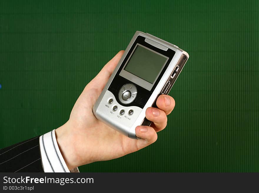 Businessman holding an mp3 jukebox