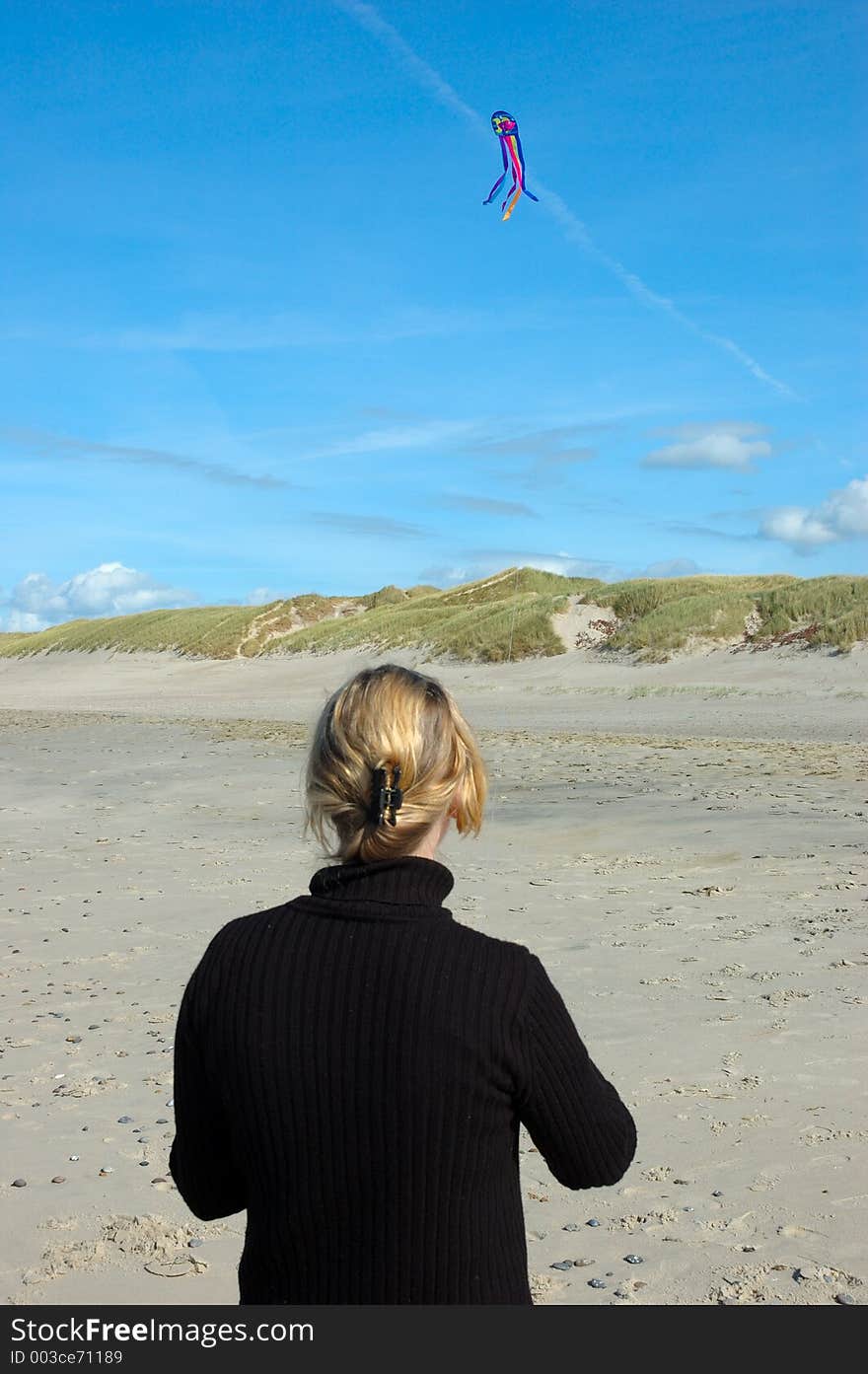 Kiting on the beach, blue sky