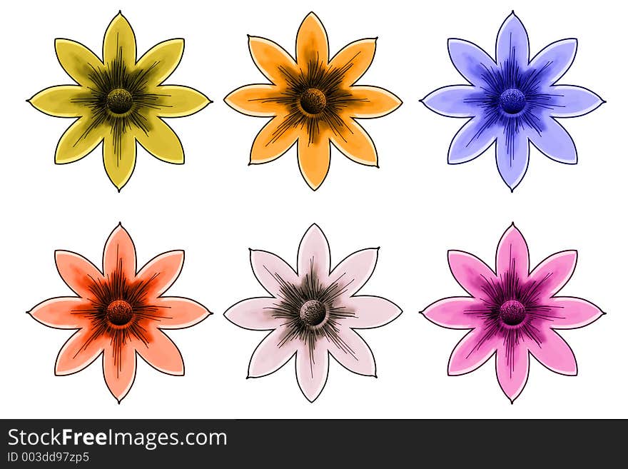 Six flowers done are illustrated and appear here in a variety of colors. They are festive and can be altered to make a bouquet in most graphics editing programs. Six flowers done are illustrated and appear here in a variety of colors. They are festive and can be altered to make a bouquet in most graphics editing programs.