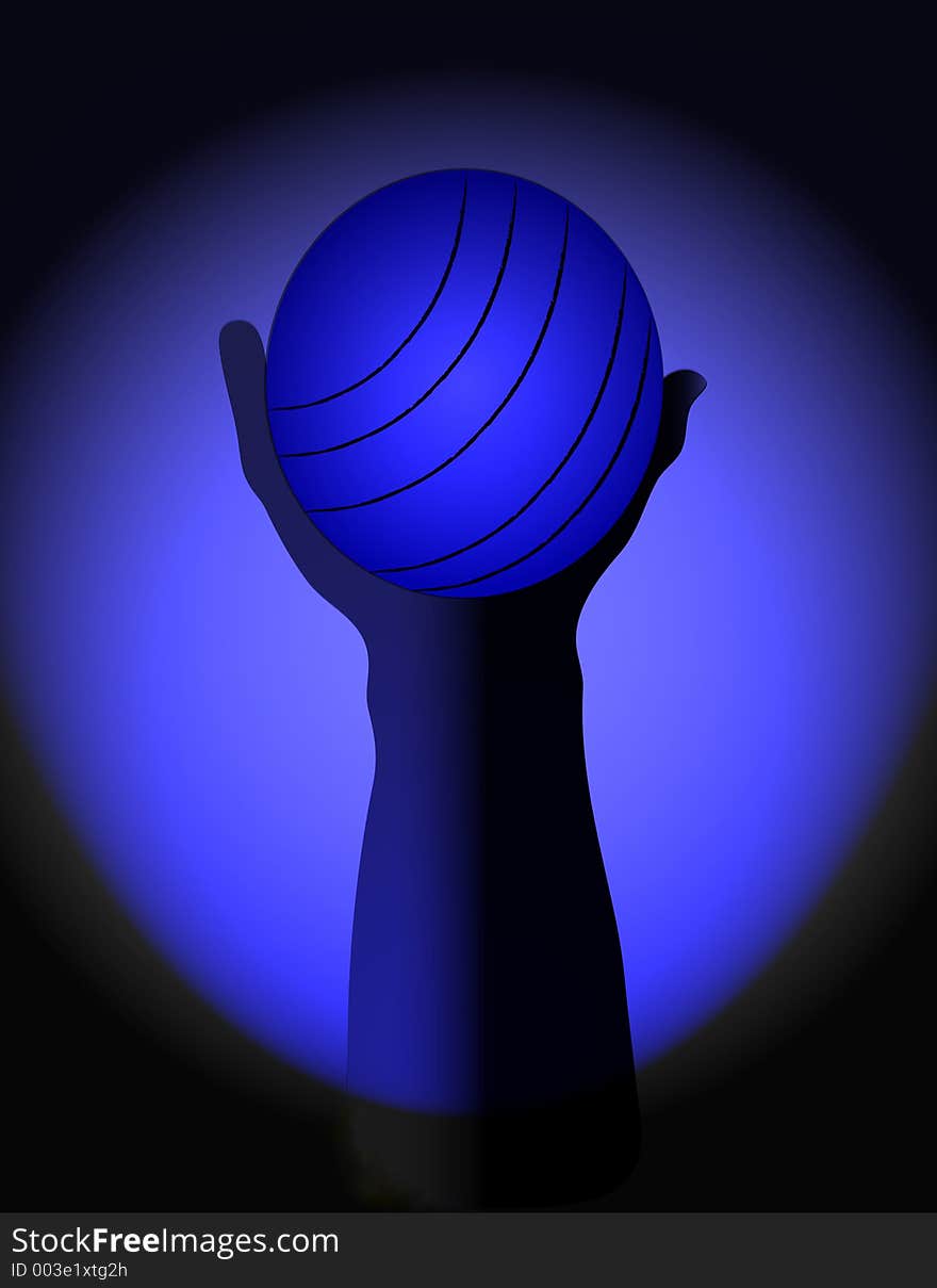 Silhouette of a hand holding a round object with blue and black background. Silhouette of a hand holding a round object with blue and black background.