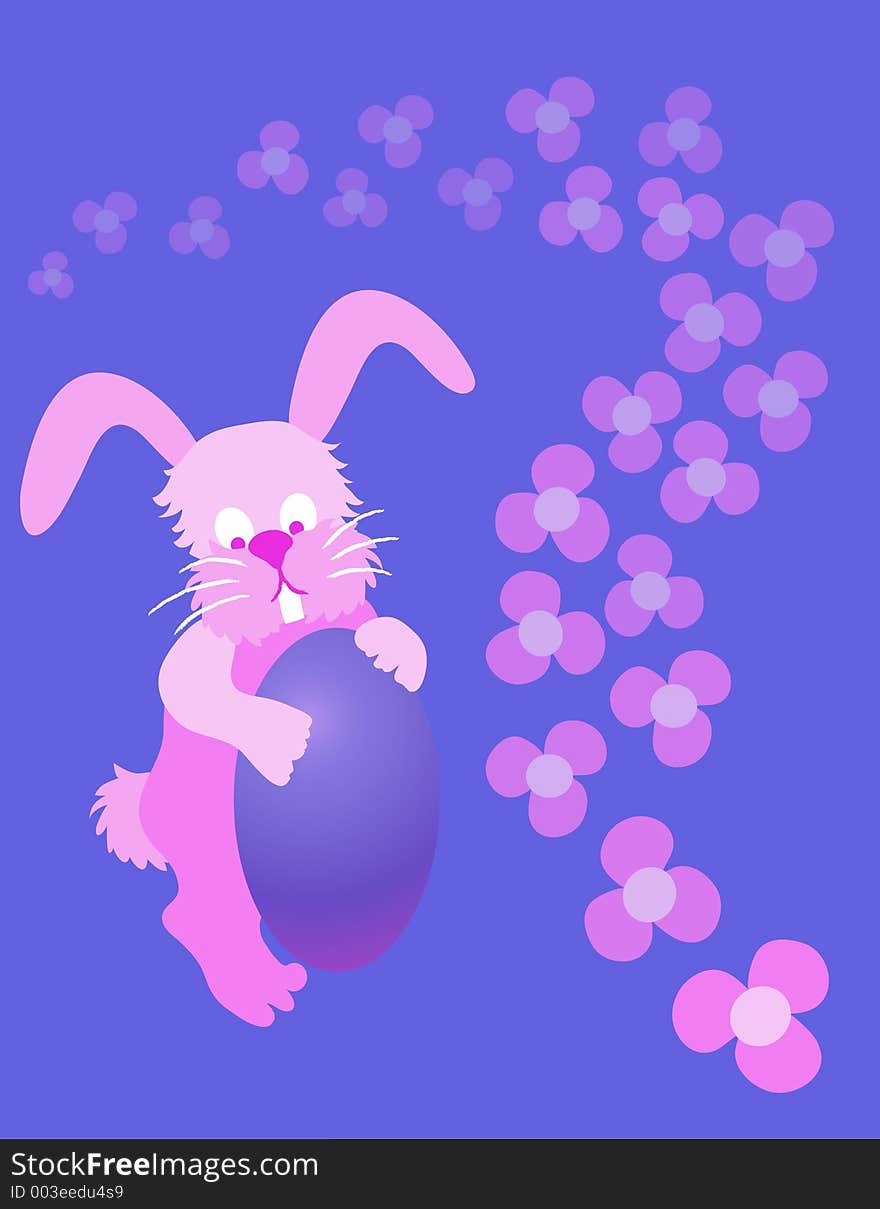 An adorable Easter bunny with an Easter egg, purple and pink floral background.