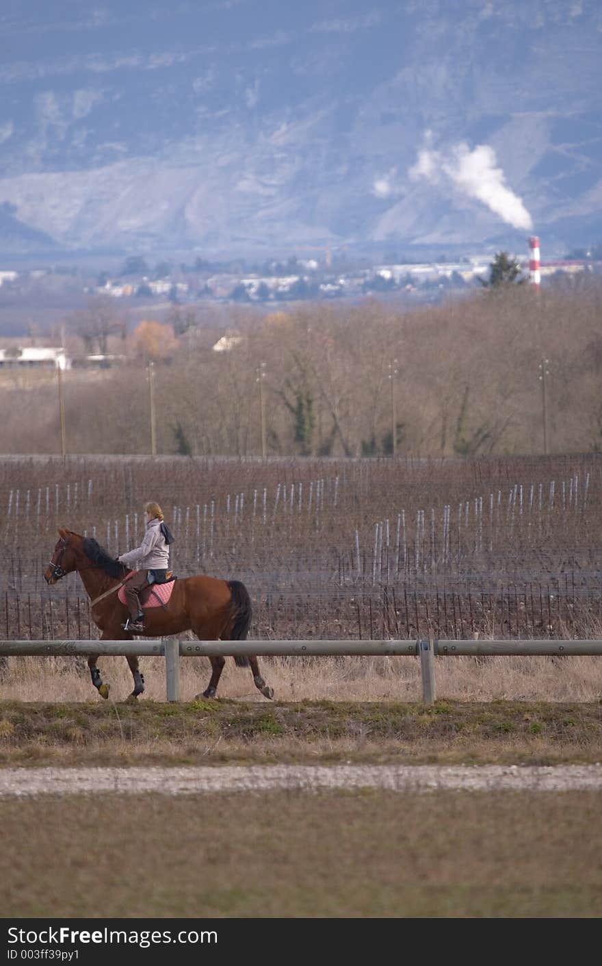 Lonely woman on a horse in the country near geneva. Lonely woman on a horse in the country near geneva