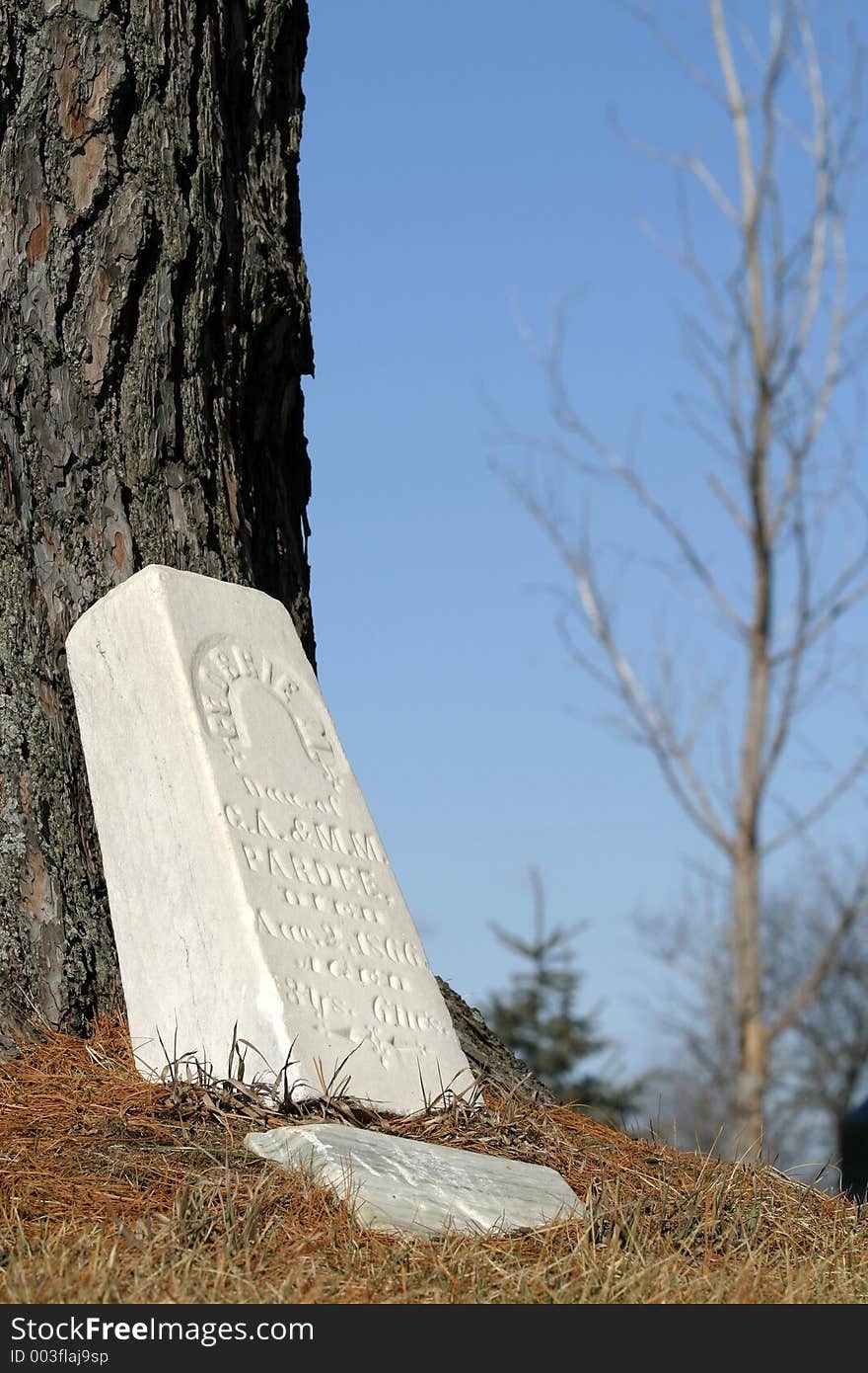 Gravestone by tree with blue sky. Gravestone by tree with blue sky