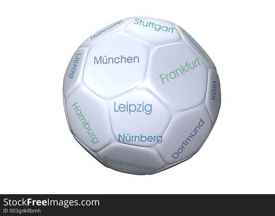 Soccer ball isolated on white background. with the name of the city's where the games play. World Cup 2006 germany. 3d rendered image produced with cinema 4d