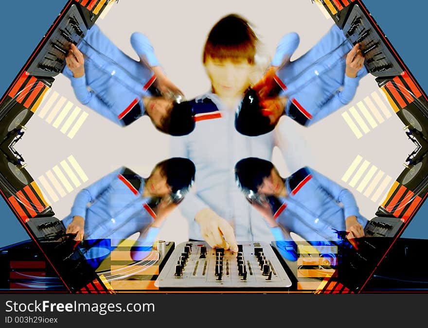 A pattern made from an image of a funky female dj, mixing on turntables. A pattern made from an image of a funky female dj, mixing on turntables