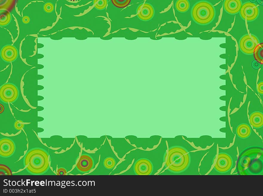 Green background with colorful gradient circles and leaves/vines. Green background with colorful gradient circles and leaves/vines