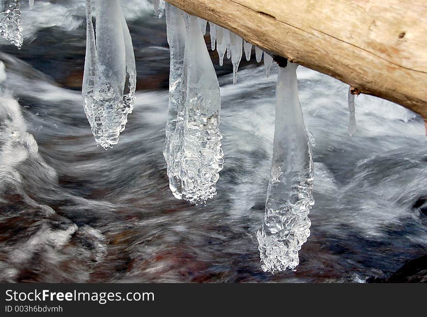 Icicles hanging from log acrossed the creek.