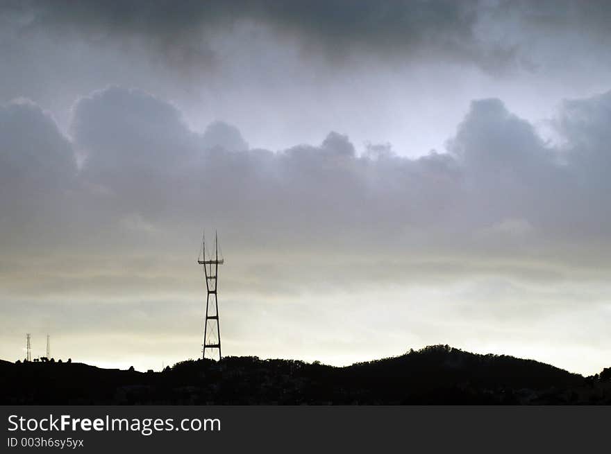 San Francisco's twin peaks and Sutro tower in Silhouette. San Francisco's twin peaks and Sutro tower in Silhouette