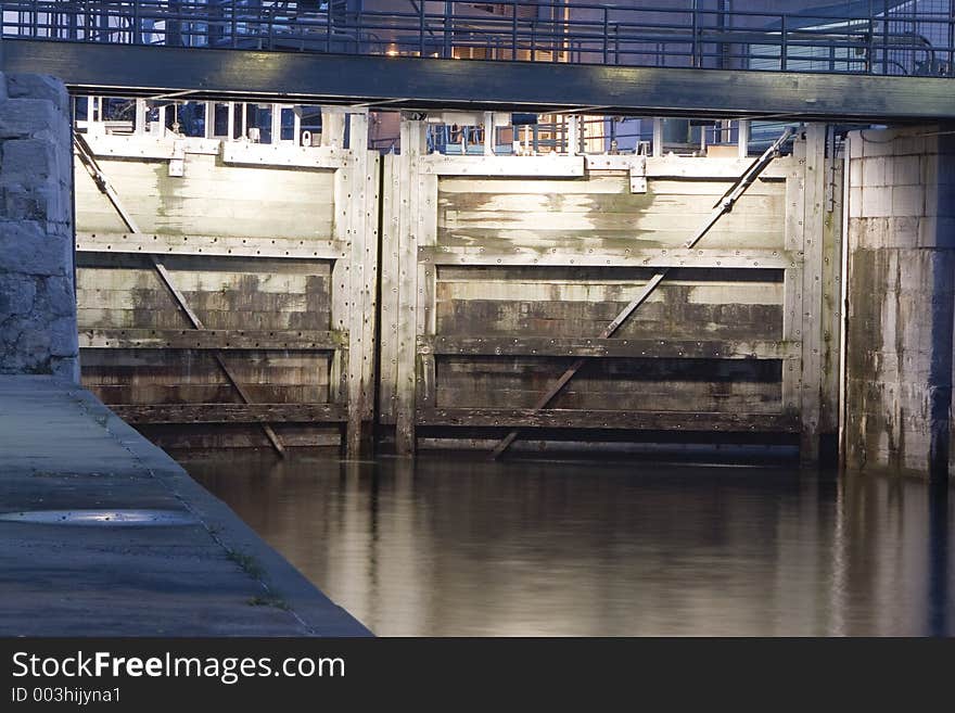 Canal lachine closed woodend lock at night. Canal lachine closed woodend lock at night