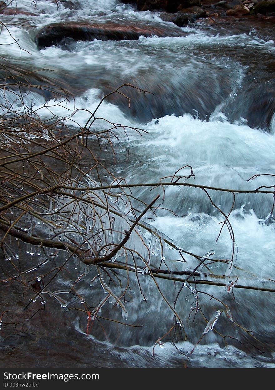 Icicles in the foreground hang precariously on the branch. Time seems to stop momentarily when you see this photo. Icicles in the foreground hang precariously on the branch. Time seems to stop momentarily when you see this photo.