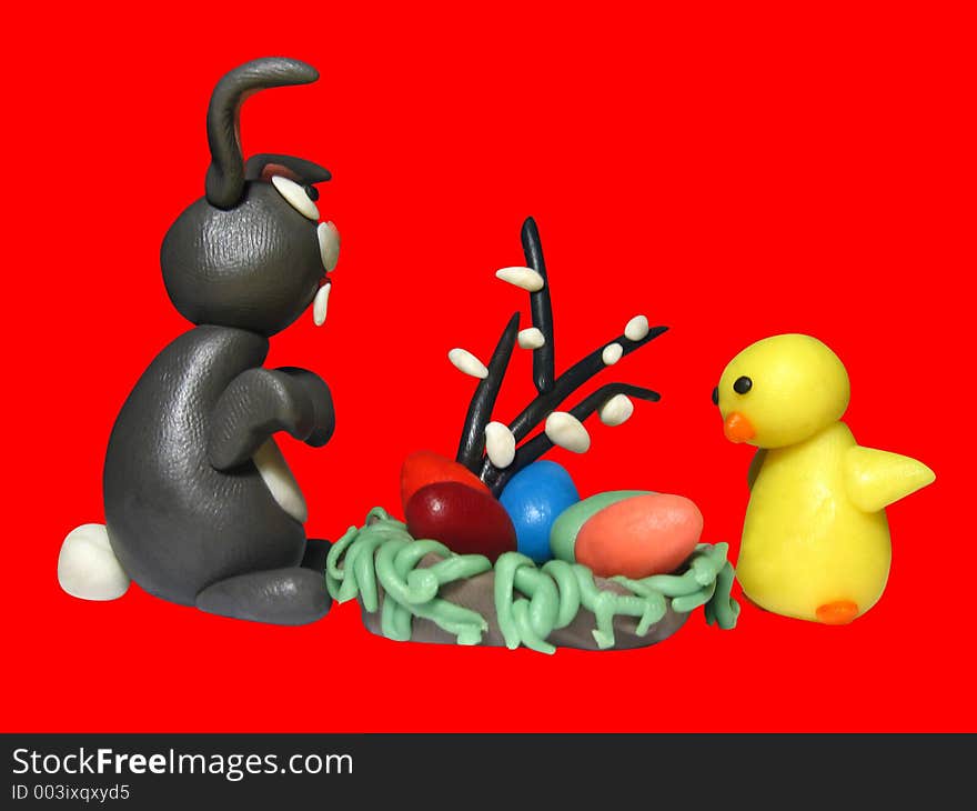 Easter bunny chicken and eggs - plasticine. Easter bunny chicken and eggs - plasticine