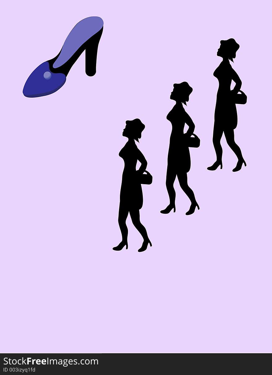 Three women in silhouette over purple background, looking at shoe. Hand drawn illustration,no model used. Three women in silhouette over purple background, looking at shoe. Hand drawn illustration,no model used.