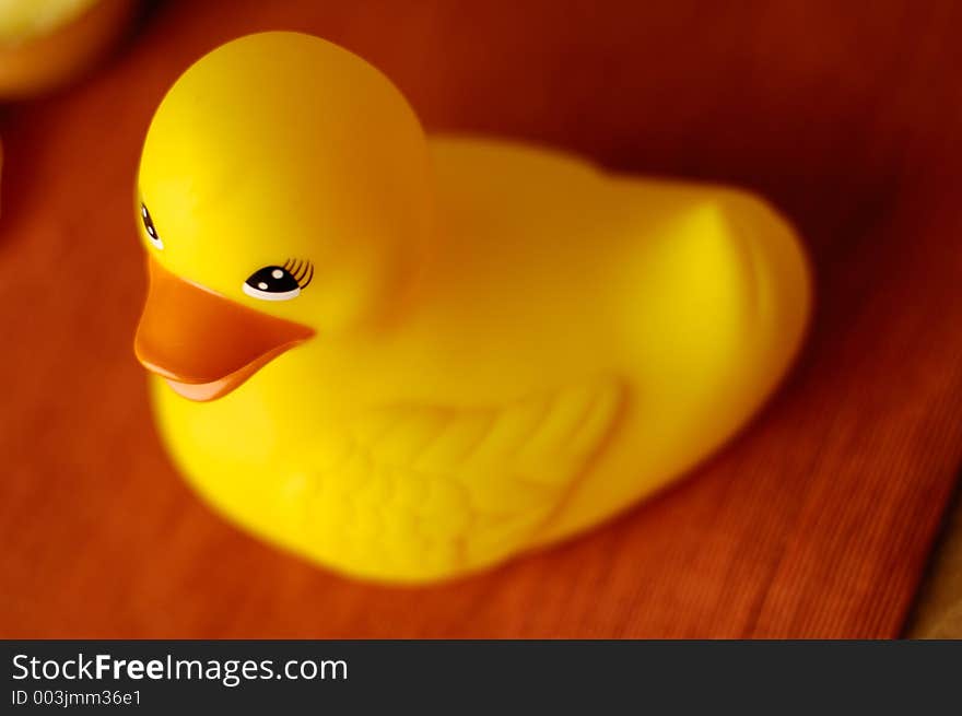 Rubber ducky with shallow depth of field. Bright orange and gold colors