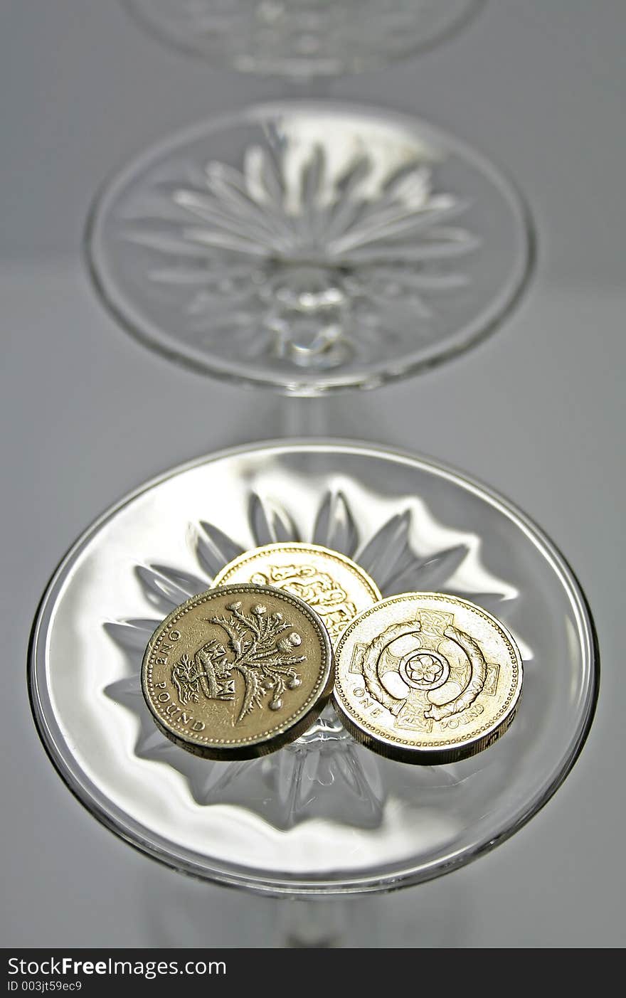 Britian coins on the base of a wine glass. Britian coins on the base of a wine glass