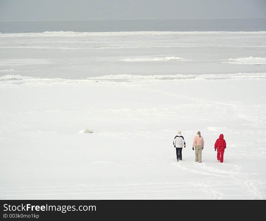 Three girlson snowy beach