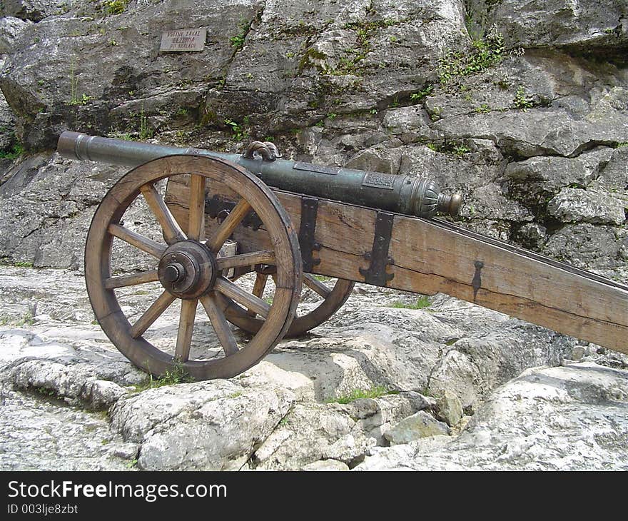 Vintage shellgun on rocks in Slovakia