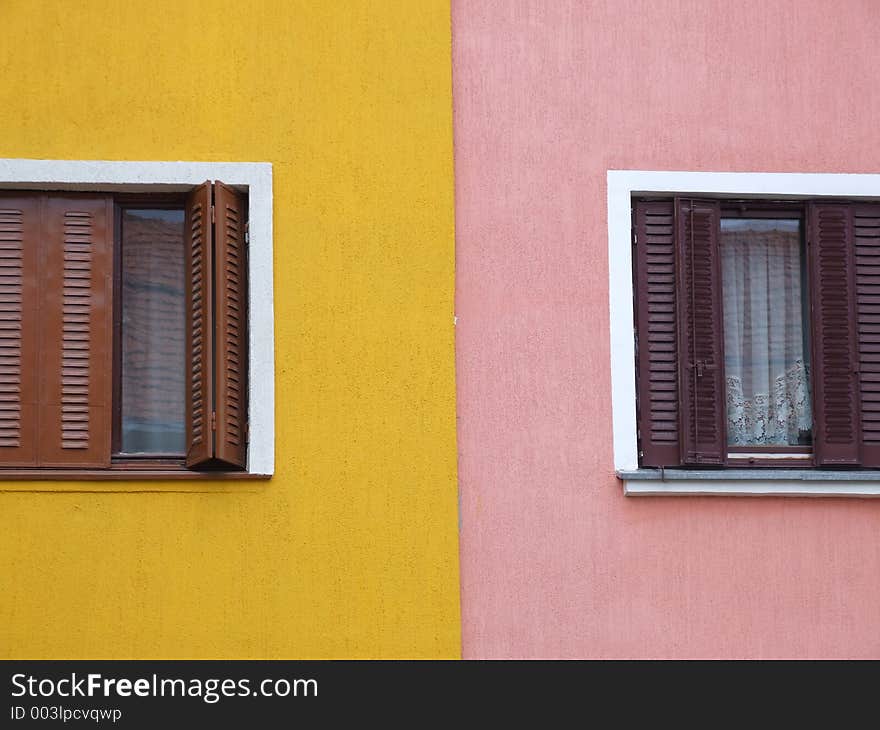 Yellow rose wall with windows. Yellow rose wall with windows