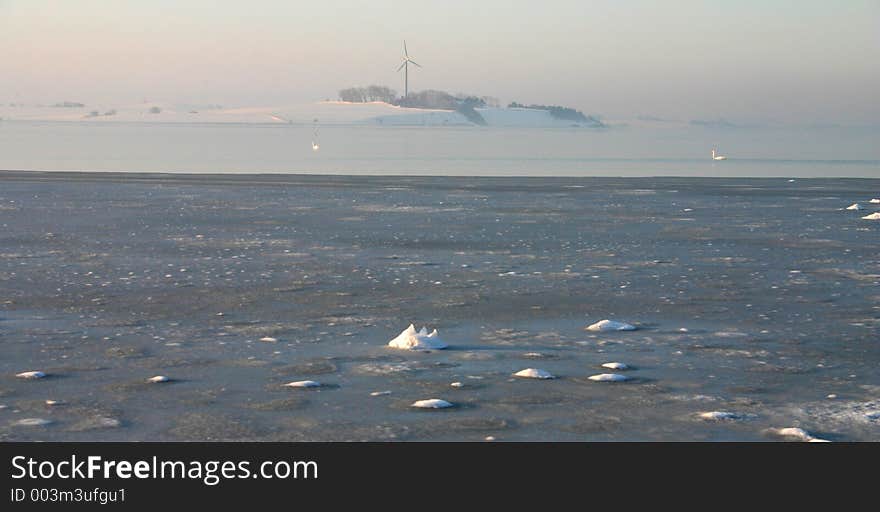 Landscape in the morning fog with windmill and swans in the background