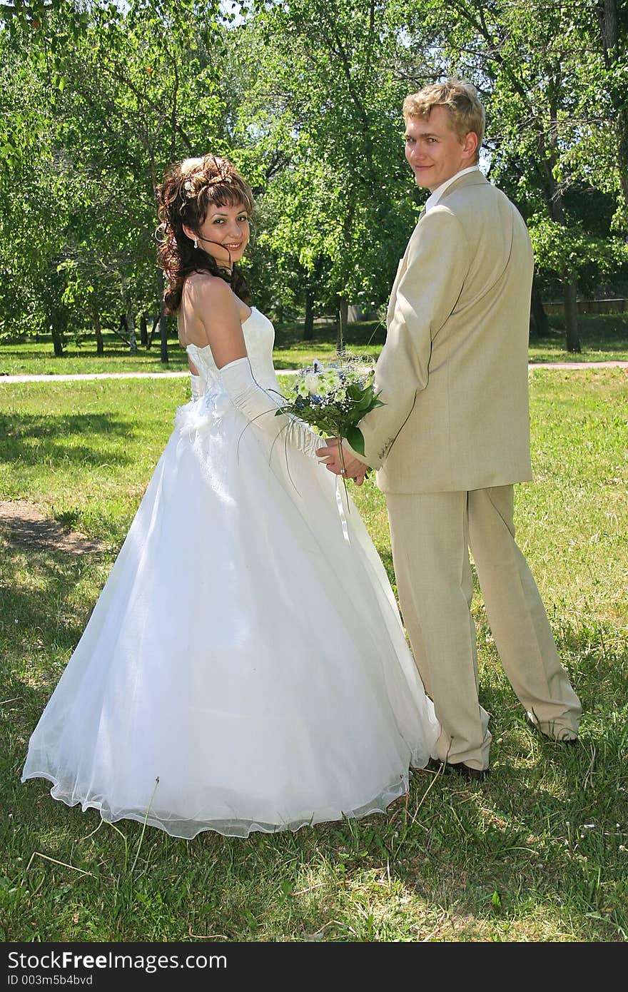 Portrait newlyweds on lawn in park. Portrait newlyweds on lawn in park