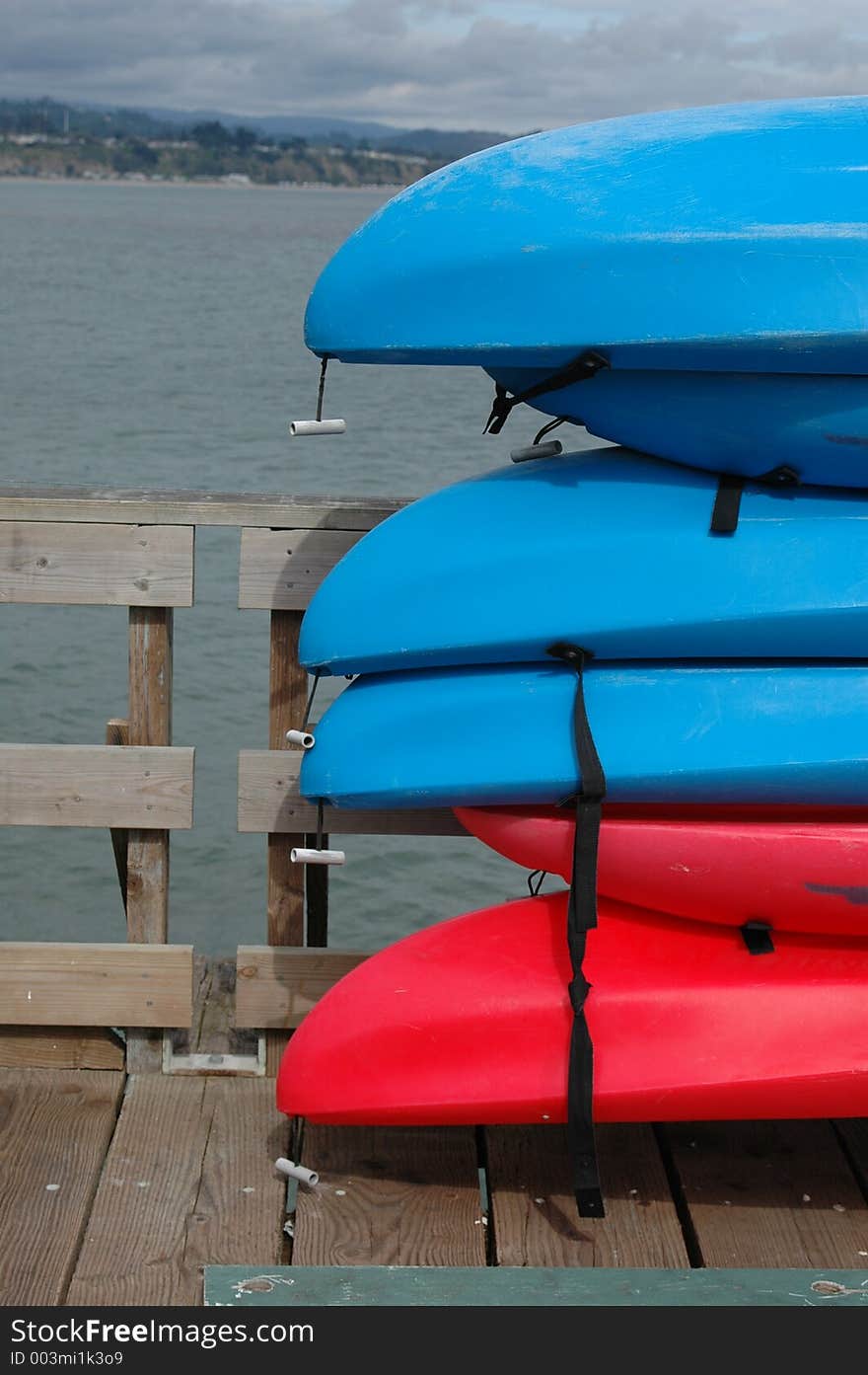 Rental sea kayaks on a pier in Capitola.