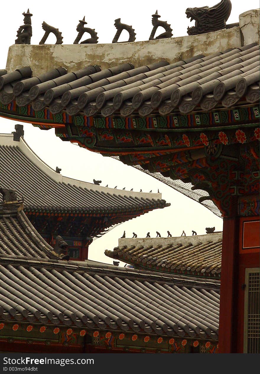 South Korea, Seoul, roofs of Gyeongbokgung palace. South Korea, Seoul, roofs of Gyeongbokgung palace