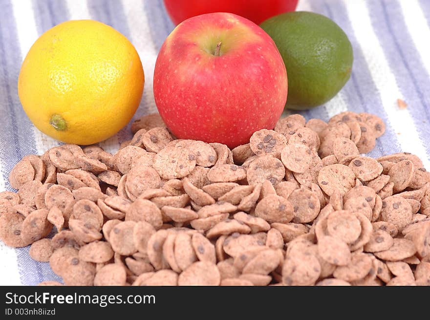 Apple, citrus fruit and cornflakes. Apple, citrus fruit and cornflakes