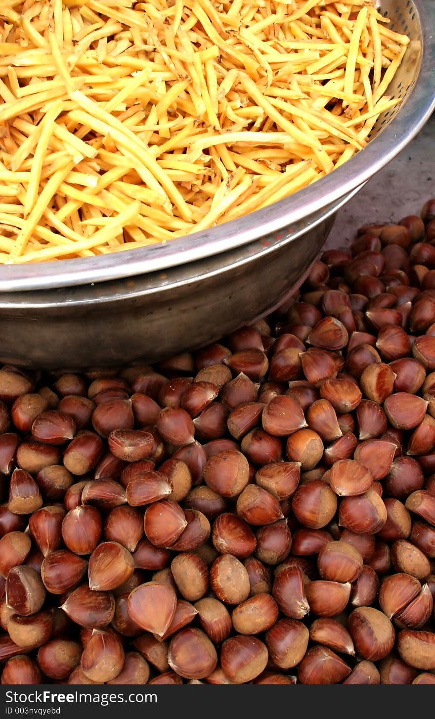 French fries and roasted walnuts. French fries and roasted walnuts