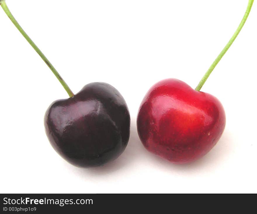 A red and a black cherry isolated over white. A red and a black cherry isolated over white